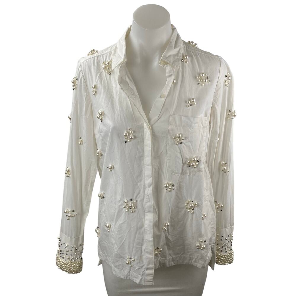 Anthropologie Maeve Women's White Beaded Long Sleeve Button Down Shirt Top XS